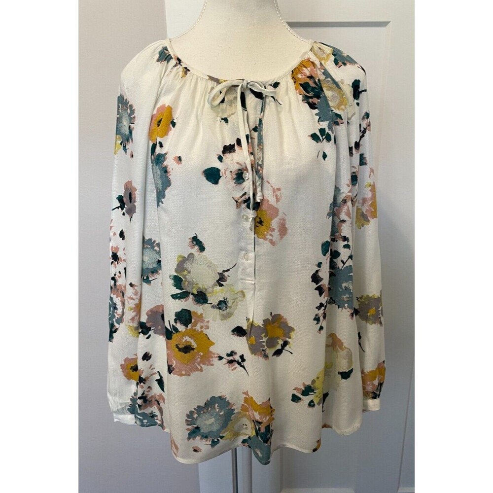 LUCKY BRAND Womens TOP Long Sleeve WHITE Blue Yellow Pink FLORAL Size L  NWT